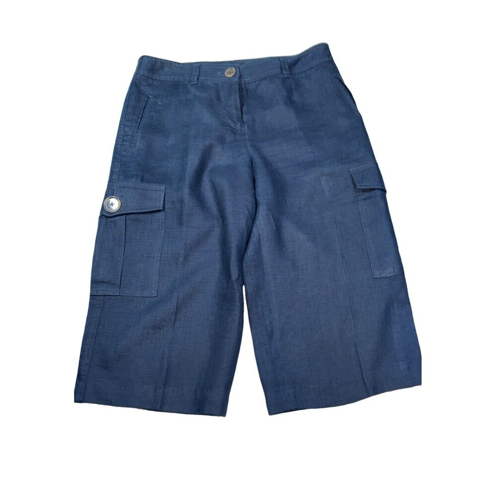 AK Anne Klein Linen Wide Leg Cargo Long Line Bermuda Short 10P Navy Blue